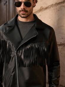 HIMLAND Men's Fringed PU Leather Long Sleeve Shacket - Black - View 5