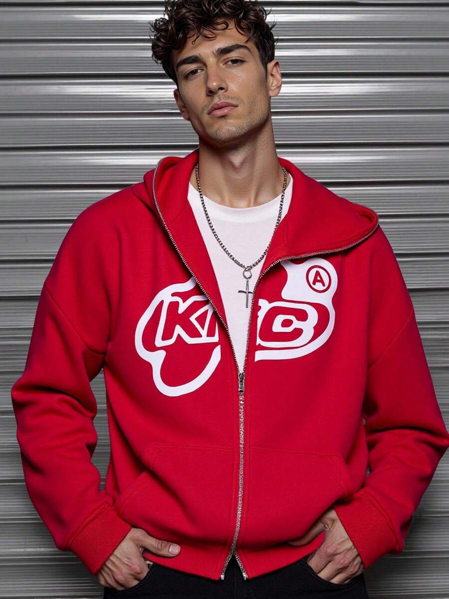 Manfinity Dauomo Y2K风格男士拉链连帽夹克，街头风字母印花短款连帽衫，秋冬款 - 紅色 - 查看 1