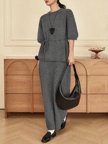 Dazy-Less Women's Loose Business Casual Knit Sweater And Straight Skirt 2 Pieces Set, Autumn/Winter - Grey - View 3