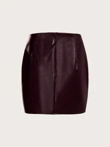SHEIN Franclia Chân váy thời trang xếp ly da PU màu trơn viền bất đối xứng cho nữ - Màu đỏ tím - Xem 2