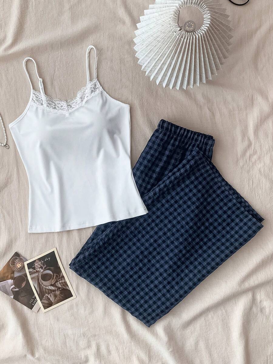 SHEIN Dozemod Kids Teen Girl Summer Minimalist Lace Trim Adjustable Spaghetti Strap Tank Top And Plaid Pattern Casual Lounge Pants 2 Pieces Set - Blue - View 1