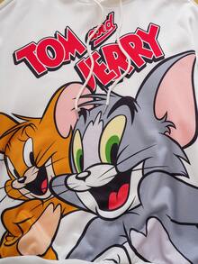 TOM & JERRY X SHEIN 男士可爱卡通图案抽绳连帽衫和裤子套装，秋季 - 白色 - 查看 5