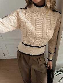 Elyressa Women's Contrast Color Twist Rope Turtleneck Sweater, Casual For Autumn/Winter - Apricot - View 6