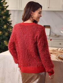 Louniche Women's Shiny Fuzzy V-Neck Pearl Decor Elegant Party Sweater, Autumn/Winter, Christmas - Red - View 3