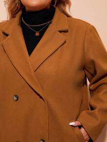 SHEIN CURVE+ 曲线加大翻领双排扣大衣 - 巧克力棕 - 查看 4