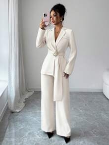 SHEIN Elenzya Bộ vest 2 món thanh lịch & tinh tế cho nữ đi làm văn phòng mùa thu/đông: Áo khoác blazer tay dài có họa tiết kim loại + Quần ống rộng, màu nâu - Màu be - Xem 3