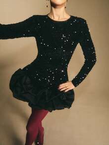 Poéselle Women's Dress Black Sequin Bubble-Hem Mini Dress – Long-Sleeve Statement Party & NYE Cocktail Outfit Black Sequin Dress Bubble Hem Dress Long Sleeve Cocktail Dress Statement Mini Dress Holiday Party Outfit NYE Dress Women's Solid Color Round Neck Long Sleeve Sequin Ruffle Hem Elegant Mini Dress Winter Dress Women Winter Clothes For Women Fall/Winter Christmas Party Dress Christmas Outfit For Women New Year Dress Elegant Dresses For Women Sequin Dress Black Dress