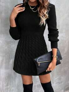 EMERY ROSE Round Neck Cable Knit Leisure Sweater Dress For New Year Clothes - Black - View 6