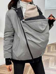 SHEIN Maternity 3-In-1 Grey Woven Fabric Hooded Coat With Extra-Long Sleeves Regular Length For Warmth