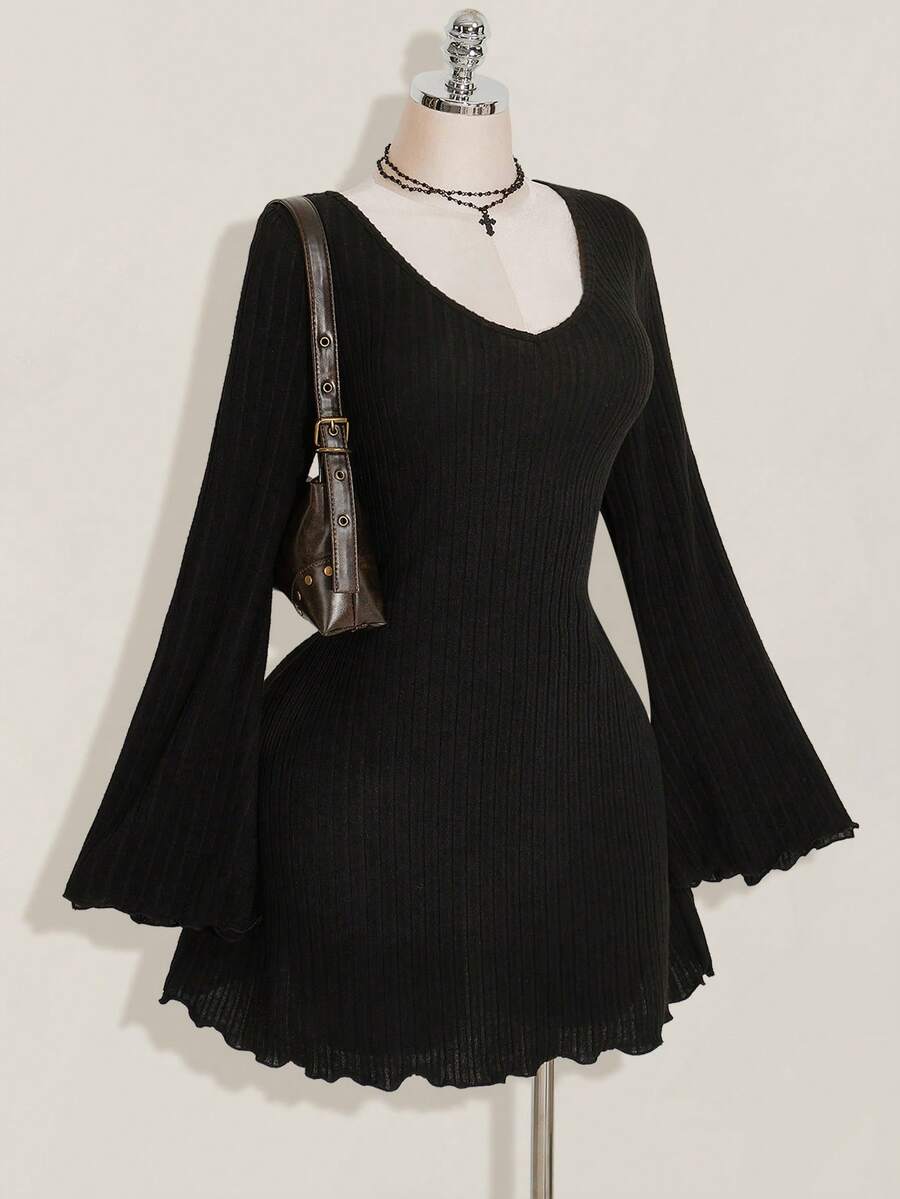 SHEIN ICON 女式复古简约V领喇叭袖毛绒罗纹黑色紧身连衣裙，秋冬 - 黑色 - 查看 1