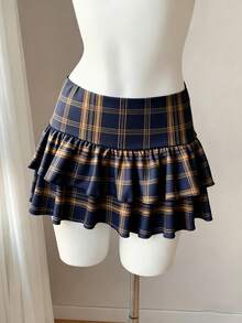 Comfortcana 休闲复古格子女式双层荷叶边下摆百褶裙，适合夏季、秋季和冬季 - 彩色 - 查看 4