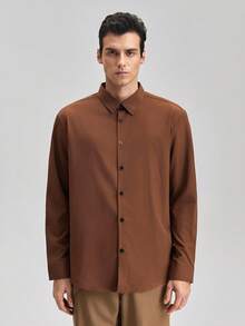 Officeau Men's Solid Color Long Sleeve Single-Breasted Casual Commuter Shirt, Basic Long Sleeve Business Shirt, Casual Business Formal Shirt, Fall Old Money Men's Dress Shirt Spring To Summer - Brown - View 4