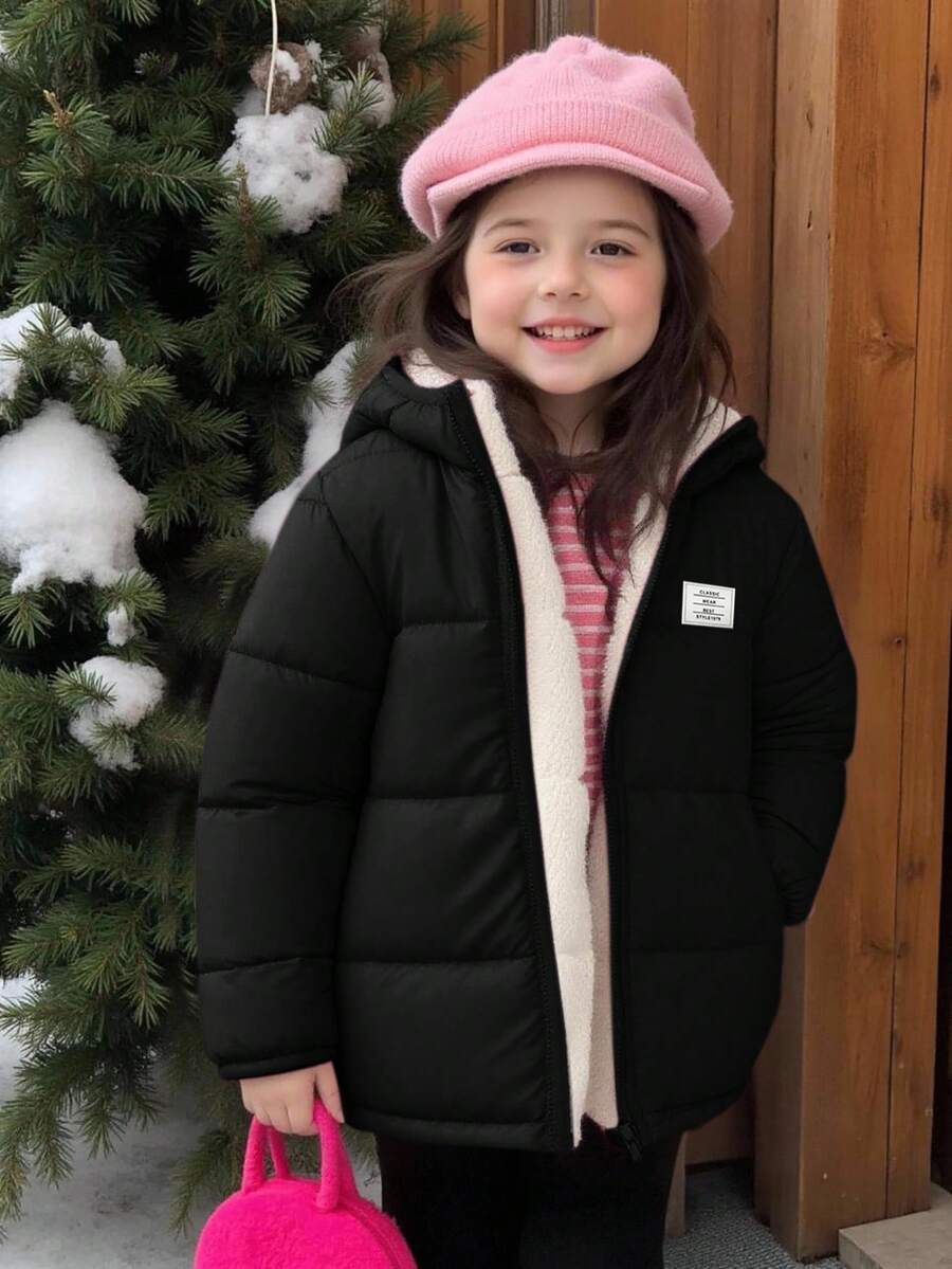 SHEIN 年轻女孩纯色休闲连帽拉链棉服外套 - 黑與白 - 查看 1