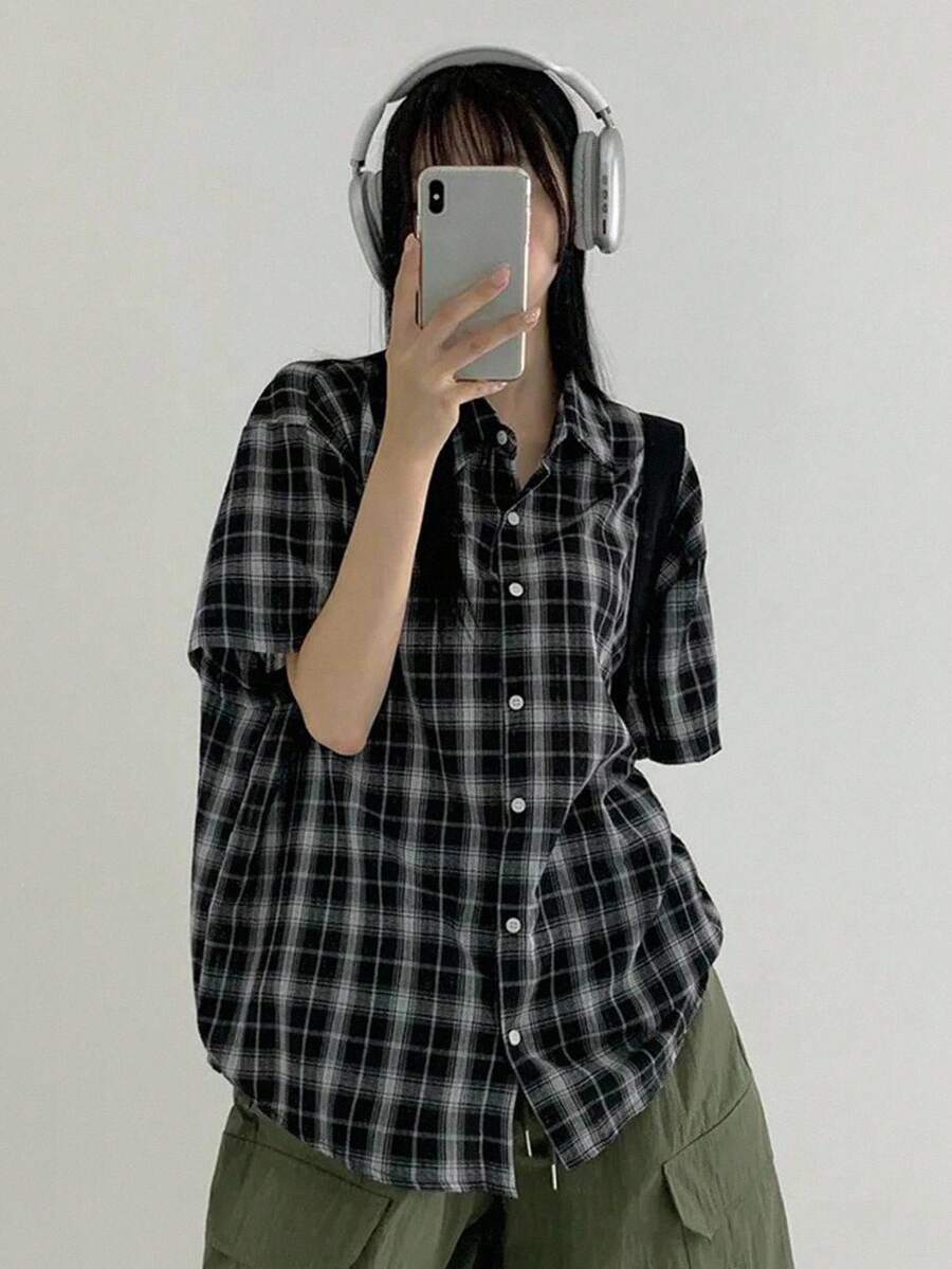 DAZY 女士 Polo 领格子宽松短袖街头风格衬衫，法兰绒女式 - 黑色 - 查看 1