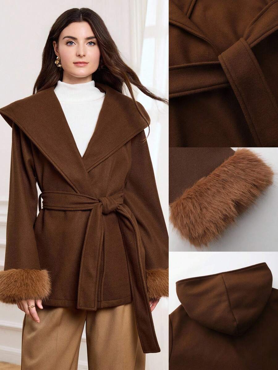 Miaspire Women's Elegant Wool Blend Hooded Cardigan Coat With Belt, Deep Brown, Fuzzy Cuffs, High-Quality Silhouette Autumn Winter Clothes For Women - Brown - View 1
