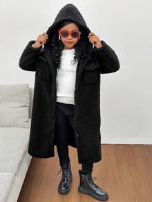 SHEIN Veste à capuche réversible en polaire épaisse de couleur unie pour préadolescentes, convient pour le port casual quotidien, veste longue, noir, automne/hiver - Noir - Voir 5