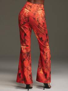 NYA SZN Red And Black Flare Pant For Women,Summer Punk Concert Outfits,Vintage Y2K Print,Statement Brunch Cool Girl Style,Fall Commuting Kings Day Look - Multicolor - View 4