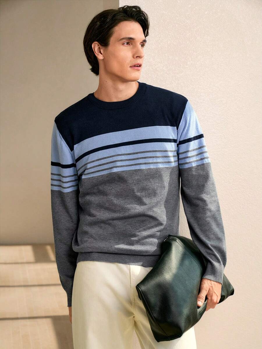 Manfinity Homme Men's Casual Colorblock Striped Sweater, Autumn/Winter - Dark Grey - View 1