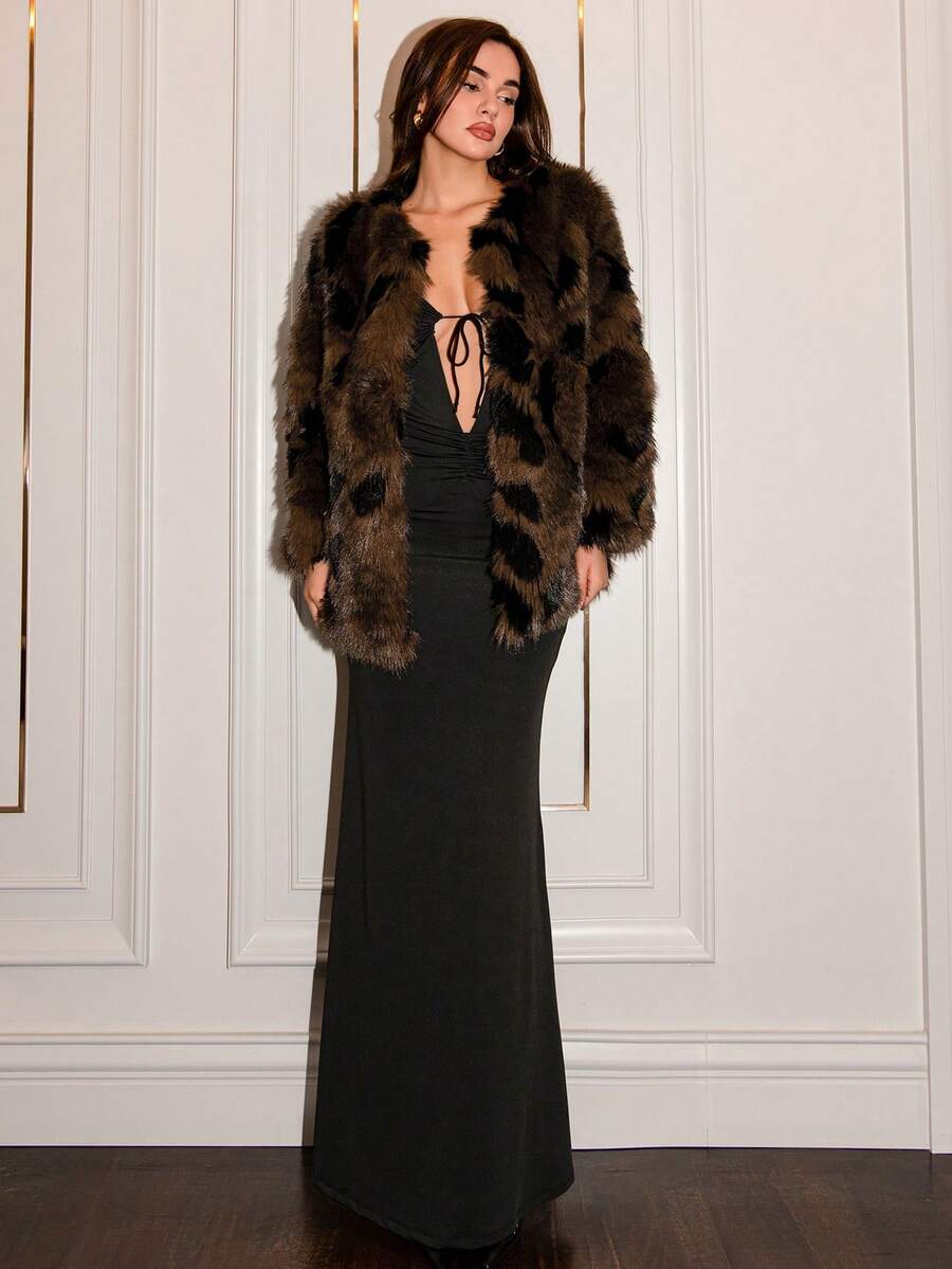 SHEIN Glamour 女式宽松长袖时尚黑棕染色尖头狐狸夹克，冬季 - 咖啡棕 - 查看 1