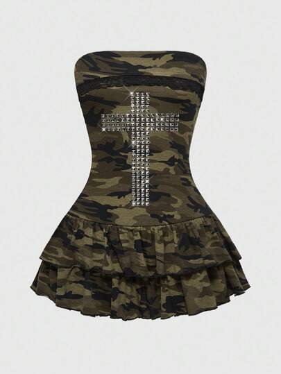 J-Fashion Y2K Sexy Mini Puff Skirt Camouflage Cross Rhinestone Decor Strapless Women Short Dress