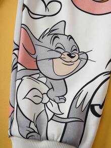 TOM & JERRY X SHEIN 2 件套小男孩卡通全身印花针织宽松圆领套头衫和裤子套装，秋冬