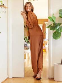 Lullawish Conjunto de pijama de mujer de rayas marrones con textura, estilo bohemio, casual y cómodo para vacaciones, con cuello en V, ropa de estar en casa de manga larga, ropa de invierno