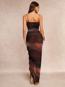 Silquee Women's 70s Color-Gradient Ruffled Slit Halter-Neck Pleated Tulle Maxi Dress,All Shades Of Brown,Summer,Holiday,Party,Elegant Cocktail Wedding Gown - Multicolor - View 2