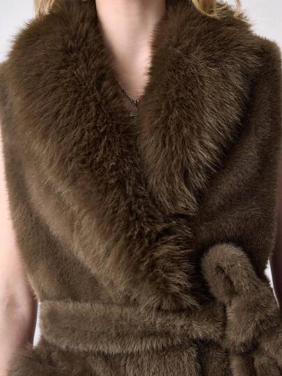 Grunge Punk Women's Solid Color Knotted Waist Fashionable Sleeveless Faux Fur Jacket, Autumn/Winter