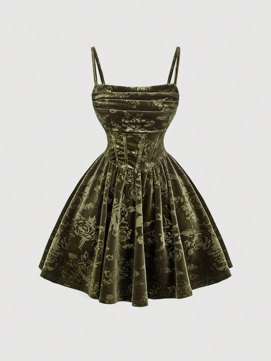 SHEIN MOD 吊带前褶皱腰部喇叭形天鹅绒绿色连衣裙，派对女士连衣裙，新年派对连衣裙，新年女士连衣裙，新年夜连衣裙，绿色新年连衣裙，节日连衣裙，节日服装，圣诞老人连衣裙，酒红色连衣裙 - 軍綠色 - 查看 1