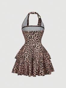 SHEIN MOD Váy ngắn bất đối xứng cổ điển thập niên 70 họa tiết da báo với chi tiết xếp nếp, cổ yếm, đính hạt, viền bánh tầng và cổ áo xếp nếp - Lấy cảm hứng từ Y2K, hoàn hảo cho kỳ nghỉ trên đảo, tiệc tùng, hẹn hò, tiệc sinh nhật, trà chiều và lễ hội - Nhiều màu - Xem 2