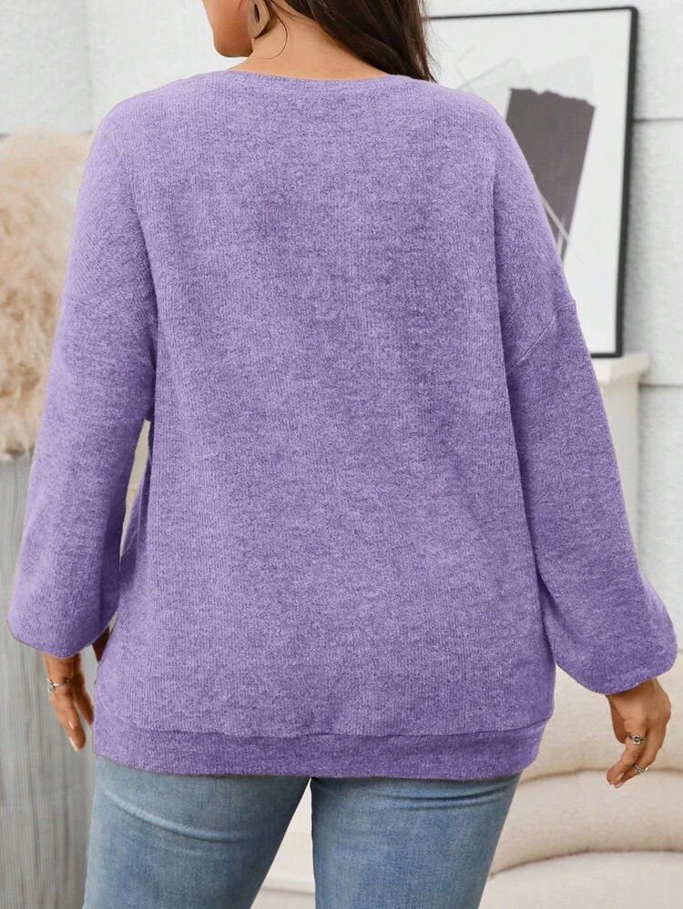 Plus Size Solid Color Round Neck Drop Shoulder Long Sleeve Loose Knit Sweatshirt Plus Size Winter,New Year Going Out,2025 New,Simple And Fashionable For Everyday Wear, Plus Size Winter, Christmas For Women, New Year,Date Night