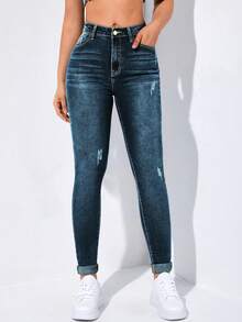 Flexra High-Waisted Button-Embellished Skinny Stretch Distressed Y2K Jeans