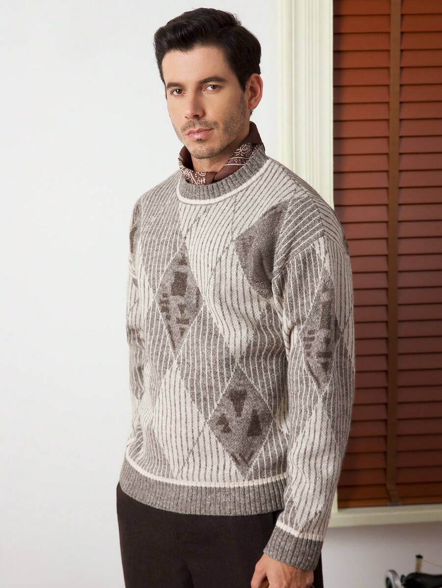 Core Aspect Men's Casual Loose Fit Rhombus Plaid Pattern Dropped Shoulder Sweater, Autumn/Winter - Multicolor - View 1