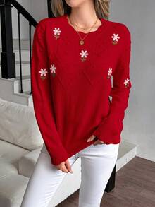 LanaWest Áo len dệt kim dáng rộng thêu hoa thanh lịch dành cho nữ, thích hợp cho ngày lễ tình nhân - Đỏ - Xem 4