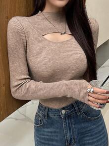 DAZY 女士秋季新款镂空修身套头衫，秋季女装 - 卡其色 - 查看 3