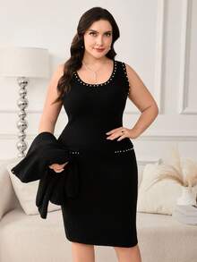 Ellevyn Set tricotaje pentru femei mărimi mari, set elegant tricotaje cu mărgele negre, set tricotaje (include palton și rochie), îmbrăcăminte de toamnă pentru femei