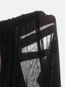 少女优雅修身黑色网眼拼布不对称肩部喇叭袖褶饰连衣裙，女童黑色派对礼服，圣诞礼服，新年礼服，舞会礼服