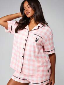 Missguided x Playboy 圣诞粉色格子睡衣套装，纽扣前襟 - 彩色 - 查看 4