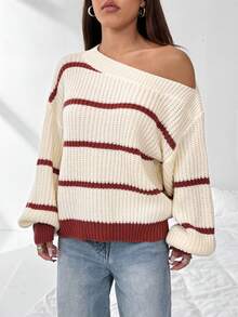 Flirla 性感露肩宽松条纹套头毛衣，女士时尚长袖上衣