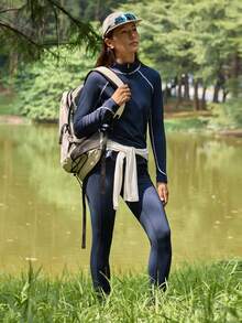 In My Nature Women's Raglan Sleeve Zip-Up Half Placket Top And Leggings Outdoor Suit - Navy Blue - View 4