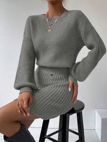 EMERY ROSE Women's Solid Color Round Neck Drop Shoulder Long Sleeve Button Design Fitted Knit Dress, Autumn/Winter - Grey - View 5