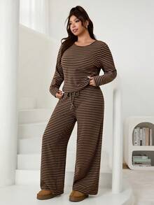 Solflare Plus Size Women Striped Round Neck Long Sleeve T-Shirt And Waist Tie Wide Leg Pants Casual 2 Pieces Set - Multicolor - View 5