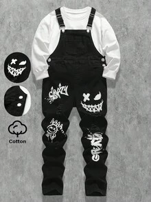 青少年男孩时尚休闲 Y2K 复古酷炫街头返校季学院风笑脸涂鸦图案基础款简约舒适可爱黑色牛仔修身背带裤柔软日常穿着，适合儿童秋冬季锐舞派对、节日和街头服饰。