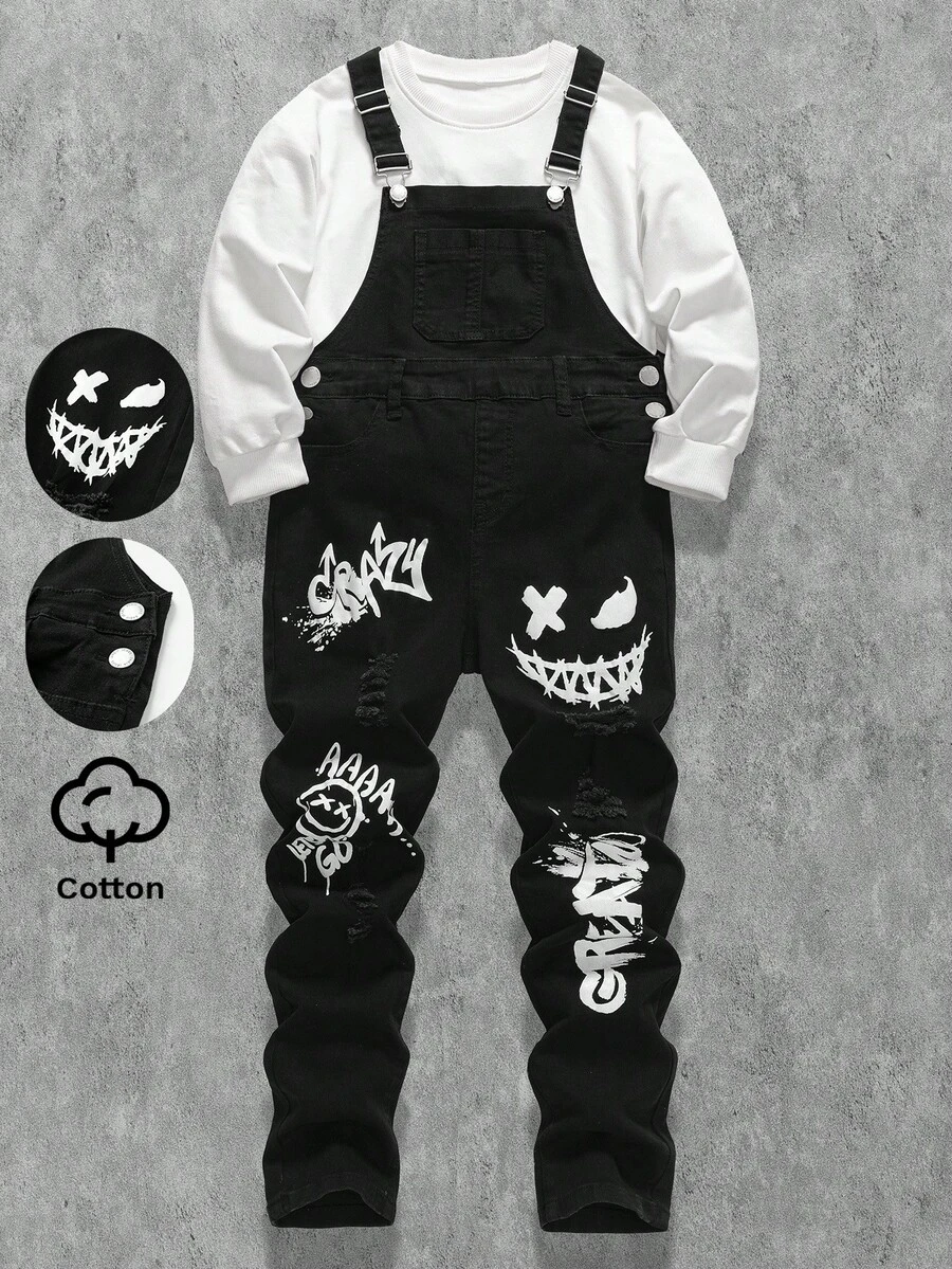 青少年男孩时尚休闲 Y2K 复古酷炫街头返校季学院风笑脸涂鸦图案基础款简约舒适可爱黑色牛仔修身背带裤柔软日常穿着，适合儿童秋冬季锐舞派对、节日和街头服饰。