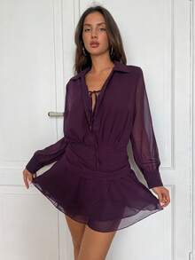 Aloruh Women's Fall/Winter Elegant Purple Chiffon Layered Ruffle Hem Mini Dress With Front Tie Waist,Winter Dresses For Women,Elegant Party Dresses For Women ,Elegant Dress Women,Women Dating Dress,Women Night Out Dress,Wedding Guest Dress Women ,Sun Dresses For Women ,Elegant Dresses For Party Birthday Dresses For Women