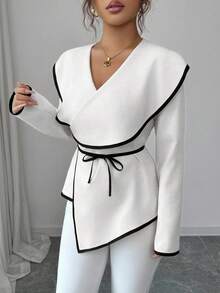 Opuloom Áo cánh nữ cổ chữ V tay dài bó sát, thắt eo, màu tương phản, đường may thanh lịch - trắng - Xem 5