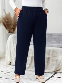 EMERY ROSE 2 chiếc/Bộ quần dài nữ size lớn phong cách cơ bản màu đen & xanh navy, mặc thường ngày và đi làm thanh lịch, phù hợp cho mùa hè và du lịch - Nhiều màu - Xem 9
