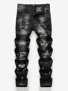 Jeans negros rotos y desgastados de estilo vintage Y2K con cortes y roturas, de tela elástica, para niños y adolescentes. Ropa casual y de diario, ideal para otoño, verano y primavera, de vuelta al colegio, homecoming, festivales, playa y streetwear. Ropa de estilo old money, punk y streetwear. - Negro - Ver 7