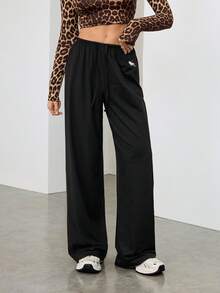 SHEIN Tall Soft White Knitted Home Baggy Pants, Loose Pants Comfy Pants Black Pants, Tall Women - Black - View 7