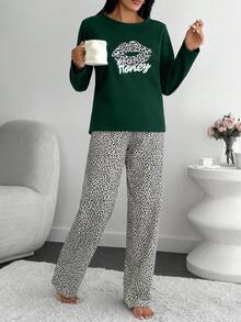 EURMUSE Cotton Women 2 Pcs Lips&Leopard Printed Long Sleeved Shirt&Leopard Pattern Sleep Bottoms Set - Green - View 3